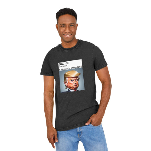 Acid Washed Round Neck Tee - "Dictator in Charge" Graphic Tee for Political Humor Lovers