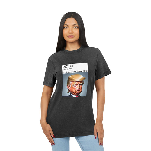Acid Washed Round Neck Tee - "Dictator in Charge" Graphic Tee for Political Humor Lovers